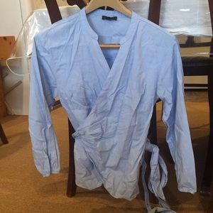 J. Crew Blue Cotton Wrap Tie Blouse